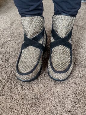 bernie mev. Metallic Woven Gold and Black Cross-Strap Ankle Booties